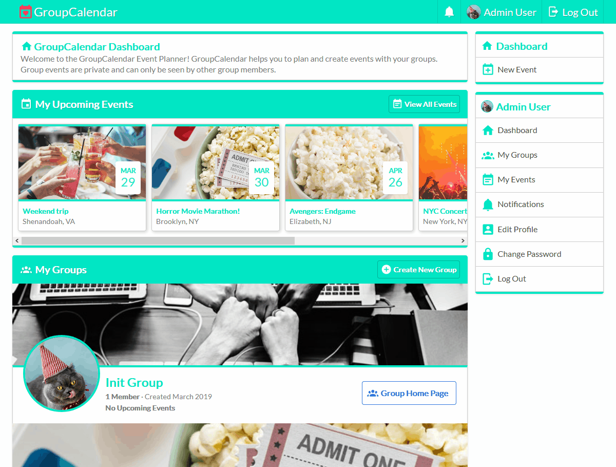 Group Calendar User Dashboard screenshot including My Upcoming Events, My Groups, and sidebar navigation