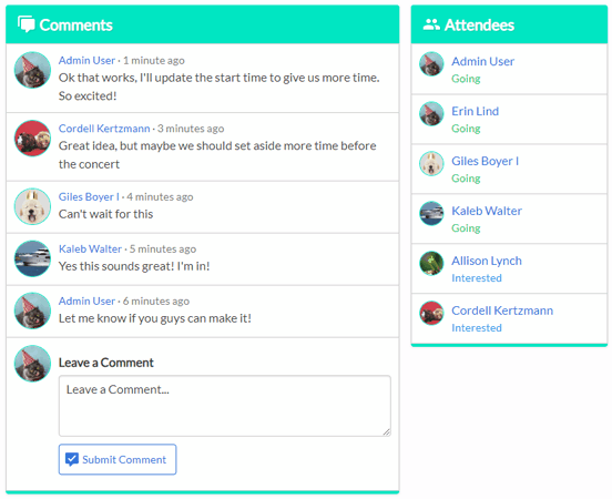Group Calendar Event Details page screenshot showing Comment and Attendee sections