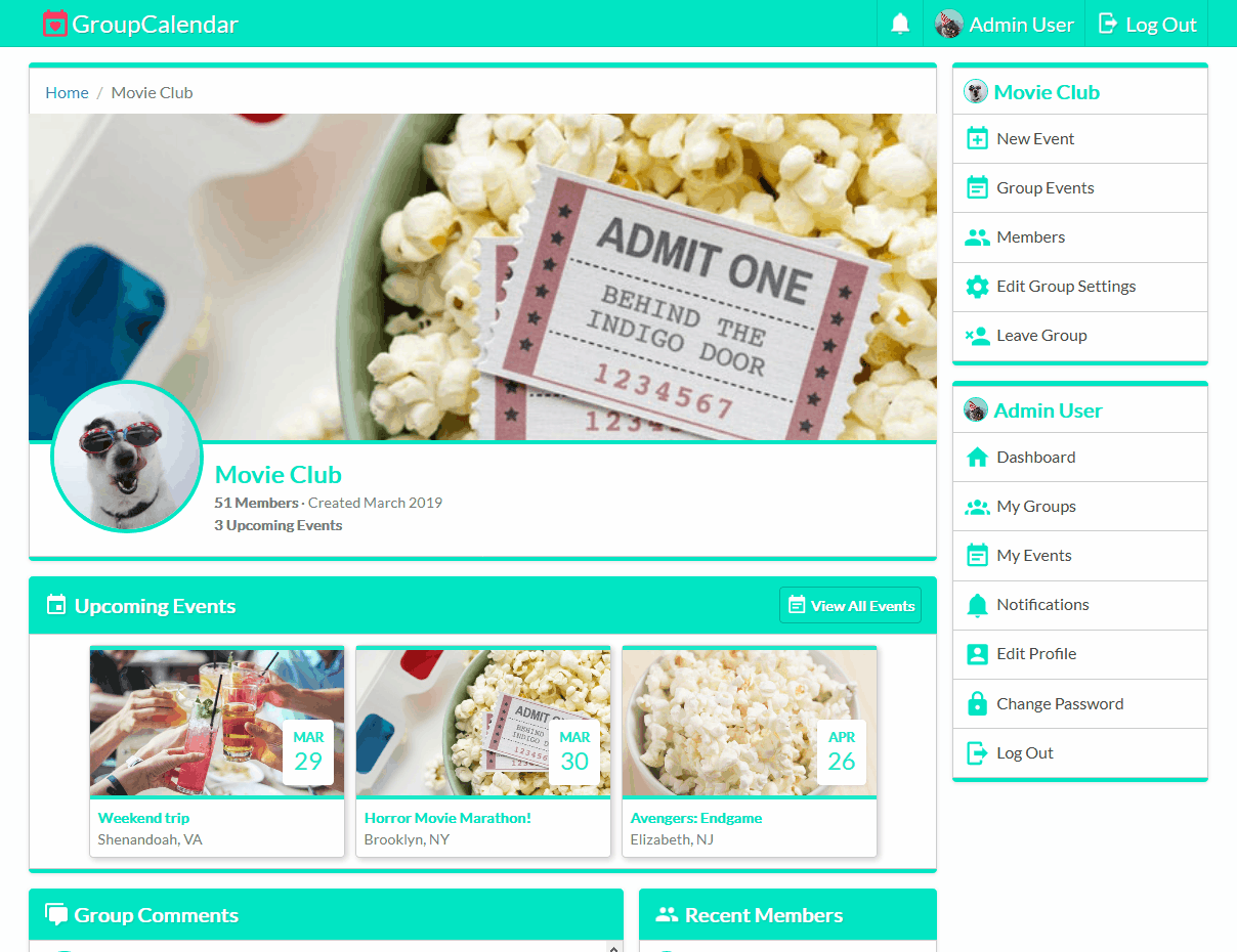 Group Calendar Group page screenshot displaying the overall card based design of the website, including group details, group upcoming events, group comments, recent members, and sidebar navigation