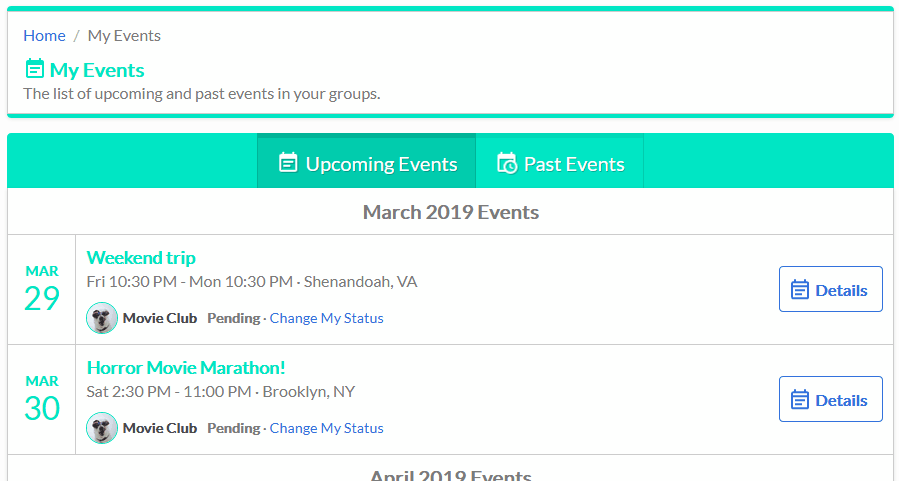 Group Calendar My Events page screenshot showing list of events in the user's groups