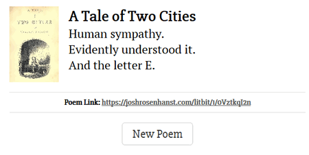 LitBit second sample poem screenshot. This poem is generated from A Tole of Two Cities and the image shows the book's title and poster, followed by the poem, and a permalink to the poem.
