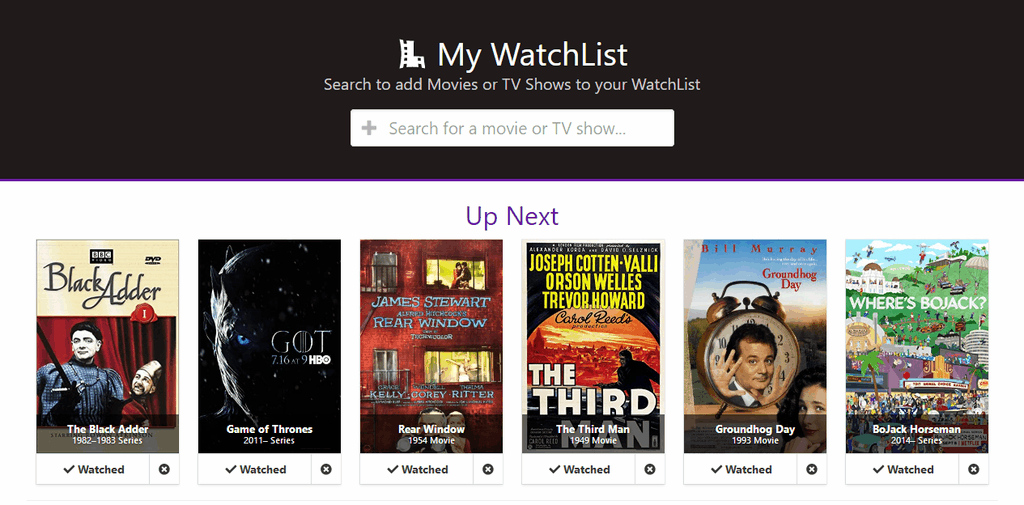 My Watchlist app sample screenshot - Header includes logo, slogan, and search bar. Body shows Up Next section with 6 items. Each item includes movie poster artwork and Watched/Remove buttons
