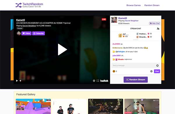 TwitchRandom website screenshot - Cropped image shows the website's header menu, main banner with Twitch stream and chat, and Featured Gallery section with thumbnails